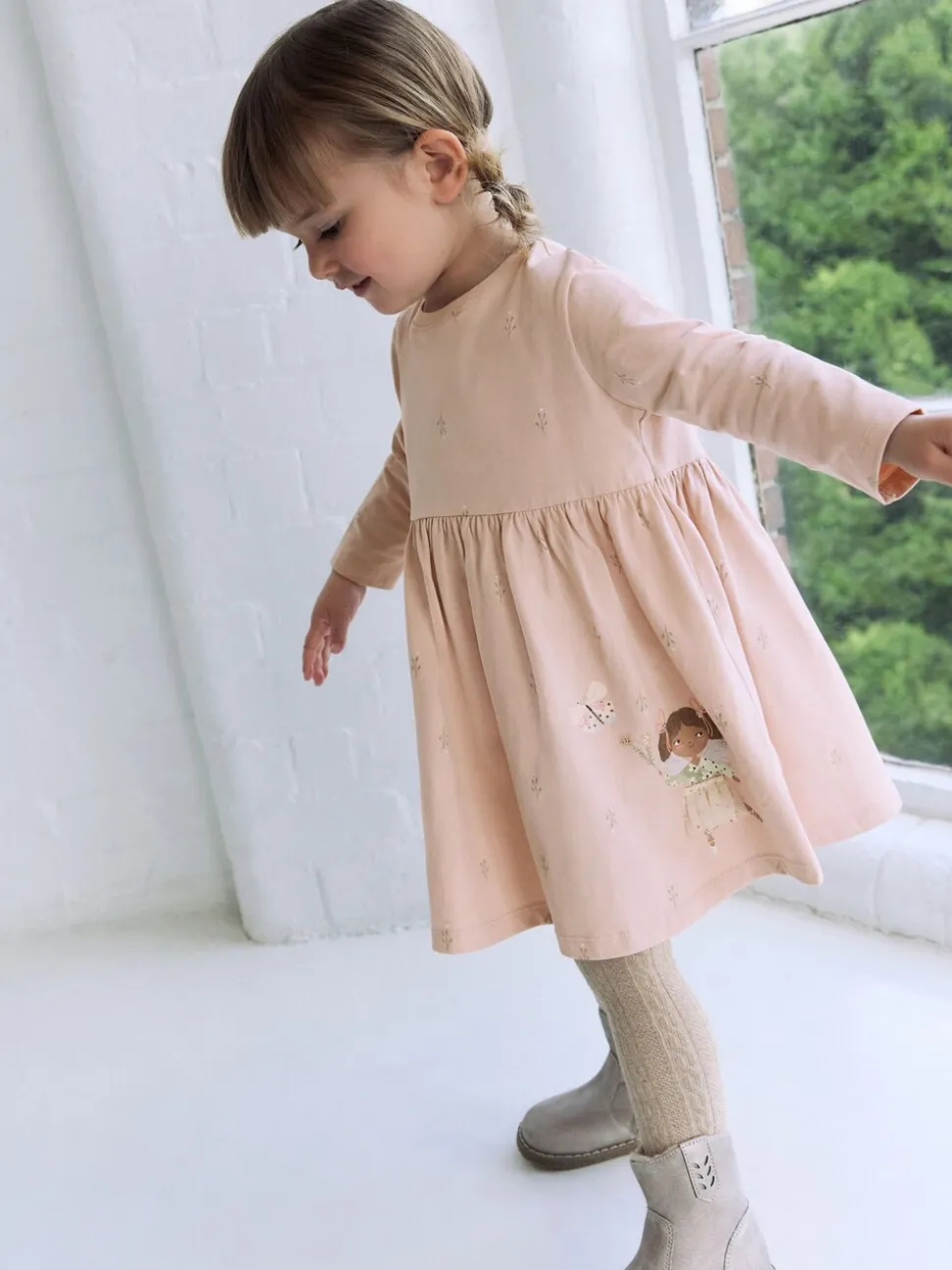 Rose motif fée - Robe ornée à manches longues (3mois7ans)