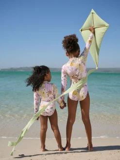 Rose patchwork Fleuri - Maillot de bain Sunsafe à manches longues (3mois-16ans)