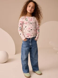 Rose pâle à fleurs - Top côtelé à manches longues (3-16ans)