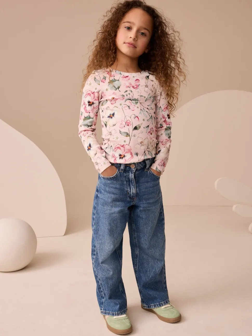 Rose pâle à fleurs - Top côtelé à manches longues (3-16ans)