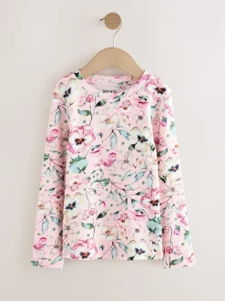 Rose pâle à fleurs - Top côtelé à manches longues (3-16ans)