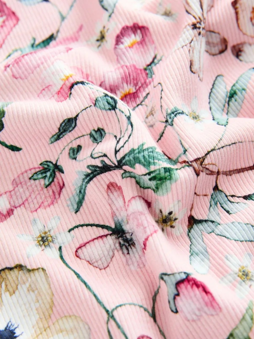 Rose pâle à fleurs - Top côtelé à manches longues (3-16ans)