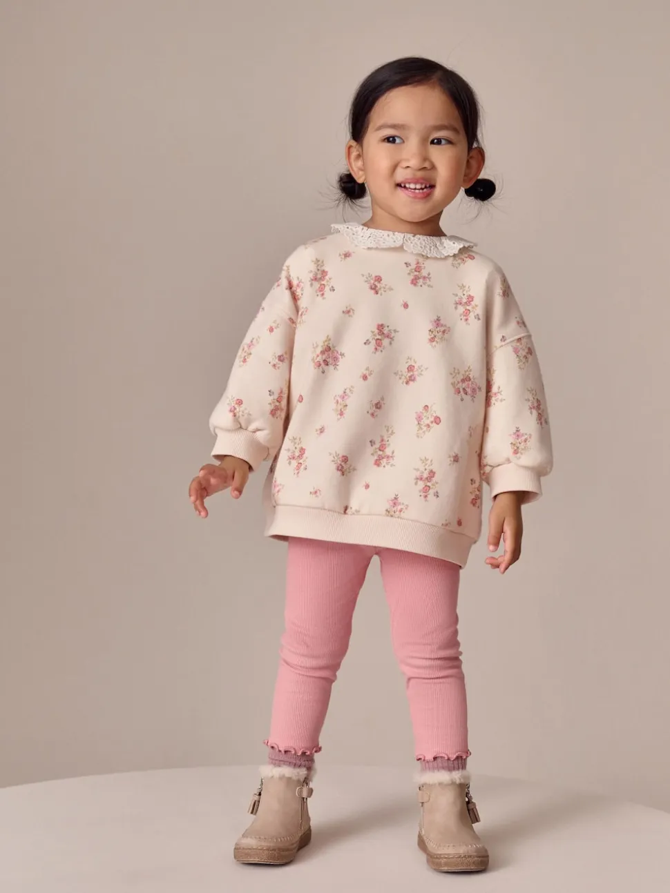 Rose pâle à petites fleurs - Ensemble Sweat-shirt et Leggings à col (3mois-7ans)