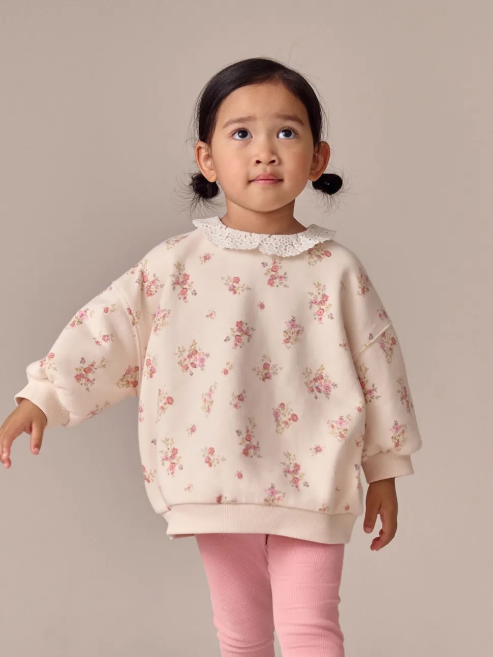 Rose pâle à petites fleurs - Ensemble Sweat-shirt et Leggings à col (3mois-7ans)