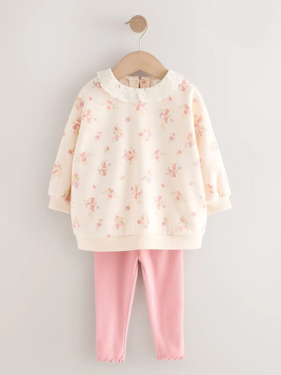 Rose pâle à petites fleurs - Ensemble Sweat-shirt et Leggings à col (3mois-7ans)