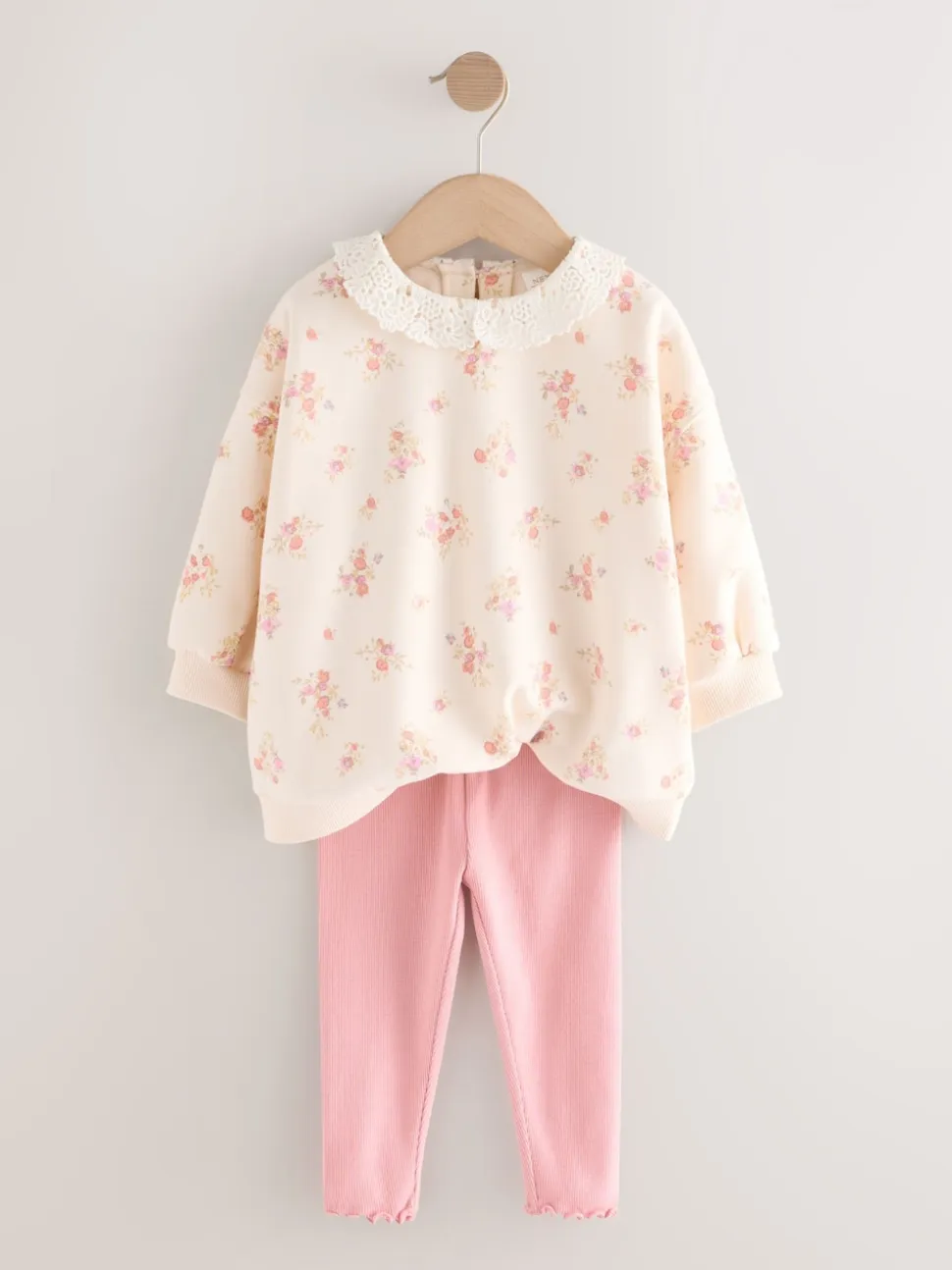 Rose pâle à petites fleurs - Ensemble Sweat-shirt et Leggings à col (3mois-7ans)