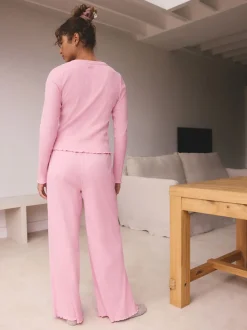 Rose vif - soi-même. Pyjama côtelé boutonné