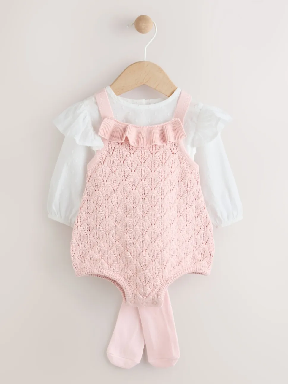 Rose/Blanc - Ensemble 3 pièces Bébé avec barboteuse et salopettes en maille et collants (0mois -2ans)