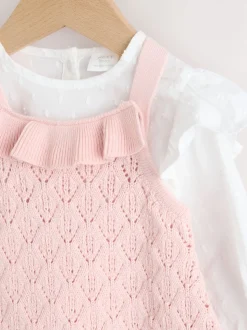 Rose/Blanc - Ensemble 3 pièces Bébé avec barboteuse et salopettes en maille et collants (0mois -2ans)
