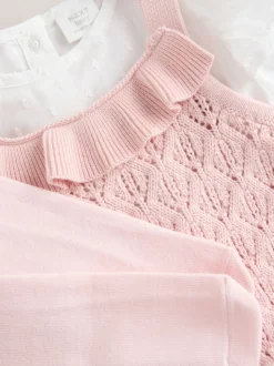 Rose/Blanc - Ensemble 3 pièces Bébé avec barboteuse et salopettes en maille et collants (0mois -2ans)