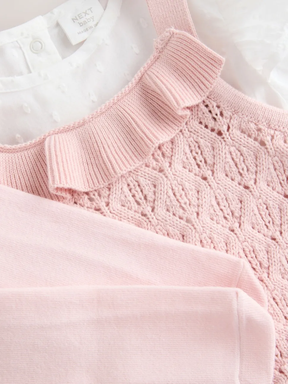 Rose/Blanc - Ensemble 3 pièces Bébé avec barboteuse et salopettes en maille et collants (0mois -2ans)