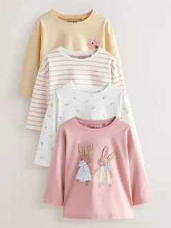 Rose/Blanc - Lot de 4 T-shirts à manches longues broderie lapin (3mois-7ans)