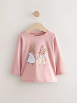 Rose/Blanc - Lot de 4 T-shirts à manches longues broderie lapin (3mois-7ans)