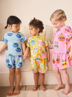 Rose/Bleu chat/Imprimé Fleuri - Pyjama court 3 Pack (9mois-12ans)