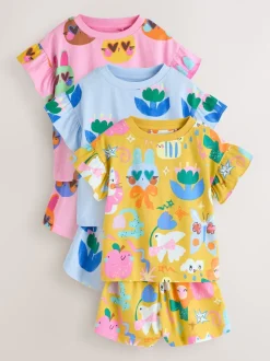 Rose/Bleu chat/Imprimé Fleuri - Pyjama court 3 Pack (9mois-12ans)