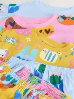 Rose/Bleu chat/Imprimé Fleuri - Pyjama court 3 Pack (9mois-12ans)
