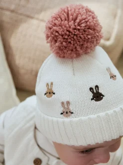 Rose/Crème - Chapeau brodé en maille à pompons Character lapin (0mois-2ans)