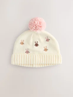 Rose/Crème - Chapeau brodé en maille à pompons Character lapin (0mois-2ans)