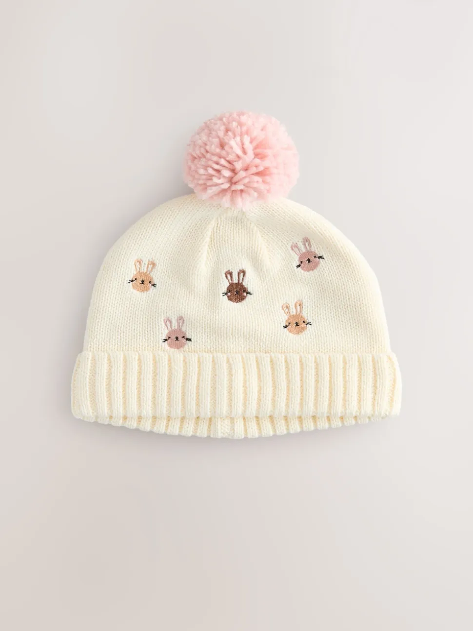 Rose/Crème - Chapeau brodé en maille à pompons Character lapin (0mois-2ans)