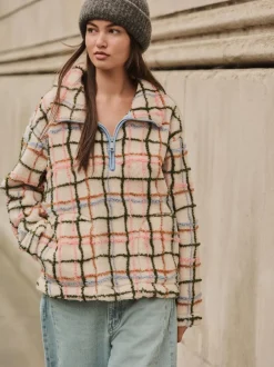 Rose/écru à carreaux - Polaire douce en polaire en peau de mouton à col zippé