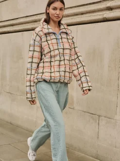 Rose/écru à carreaux - Polaire douce en polaire en peau de mouton à col zippé