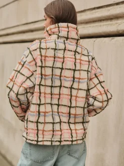 Rose/écru à carreaux - Polaire douce en polaire en peau de mouton à col zippé