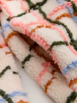 Rose/écru à carreaux - Polaire douce en polaire en peau de mouton à col zippé