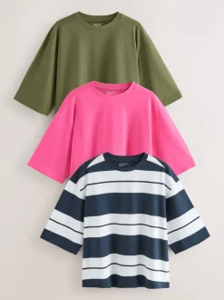 Rose/Kaki/Rayure - Lot 3 t-shirts col ras du cou 100% coton longueur coude