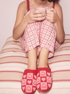 Rose/rouge - Chaussons cœur à carreaux Mule Borg