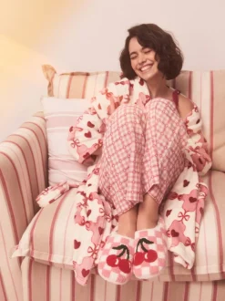 Rose/rouge - Chaussons mules à carreaux cerise