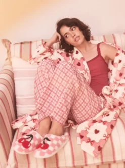 Rose/rouge - Chaussons mules à carreaux cerise