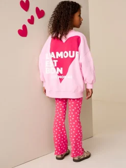 Rose/rouge motif cœurs - Ensemble Sweat-shirt et Leggings évasés (3-16ans)