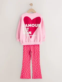 Rose/rouge motif cœurs - Ensemble Sweat-shirt et Leggings évasés (3-16ans)