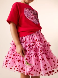 Rose/rouge motif cœurs - Jupe en maille à enfiler (3-16ans)