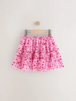 Rose/rouge motif cœurs - Jupe en maille à enfiler (3-16ans)
