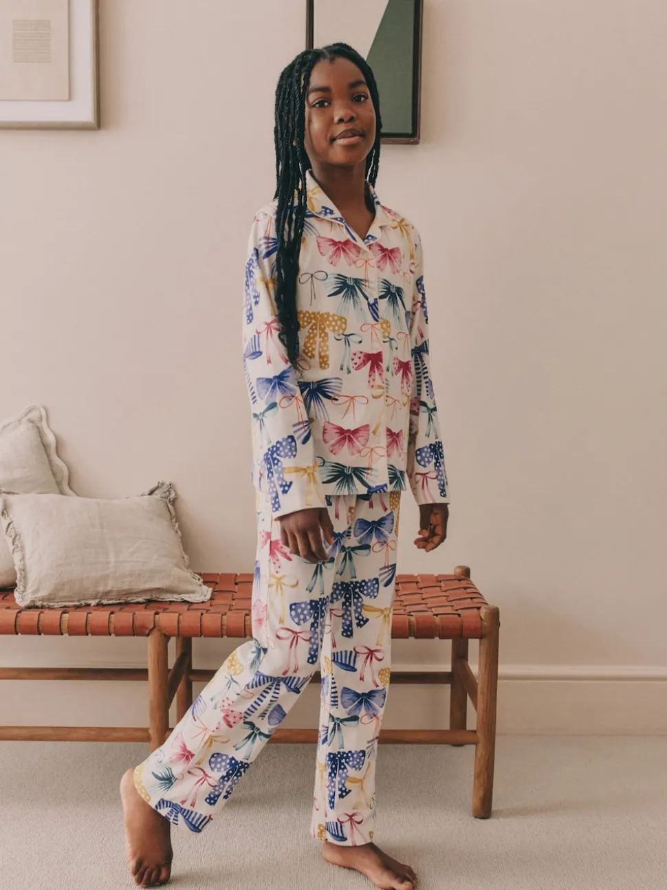 Rose/Vert Nœud Imprimé - Pyjama boutonné (3-16 ans)