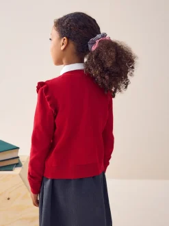 Rouge - Cardigan d'école à épaules volantées en coton riche (3-16ans)