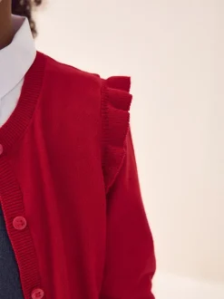Rouge - Cardigan d'école à épaules volantées en coton riche (3-16ans)