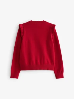 Rouge - Cardigan d'école à épaules volantées en coton riche (3-16ans)