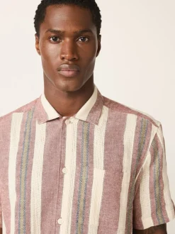 Rouge - Chemise texturée rayée à manches courtes