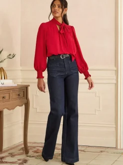 Rouge - Chemisier Love & Roses manches longues à nœud lavallière