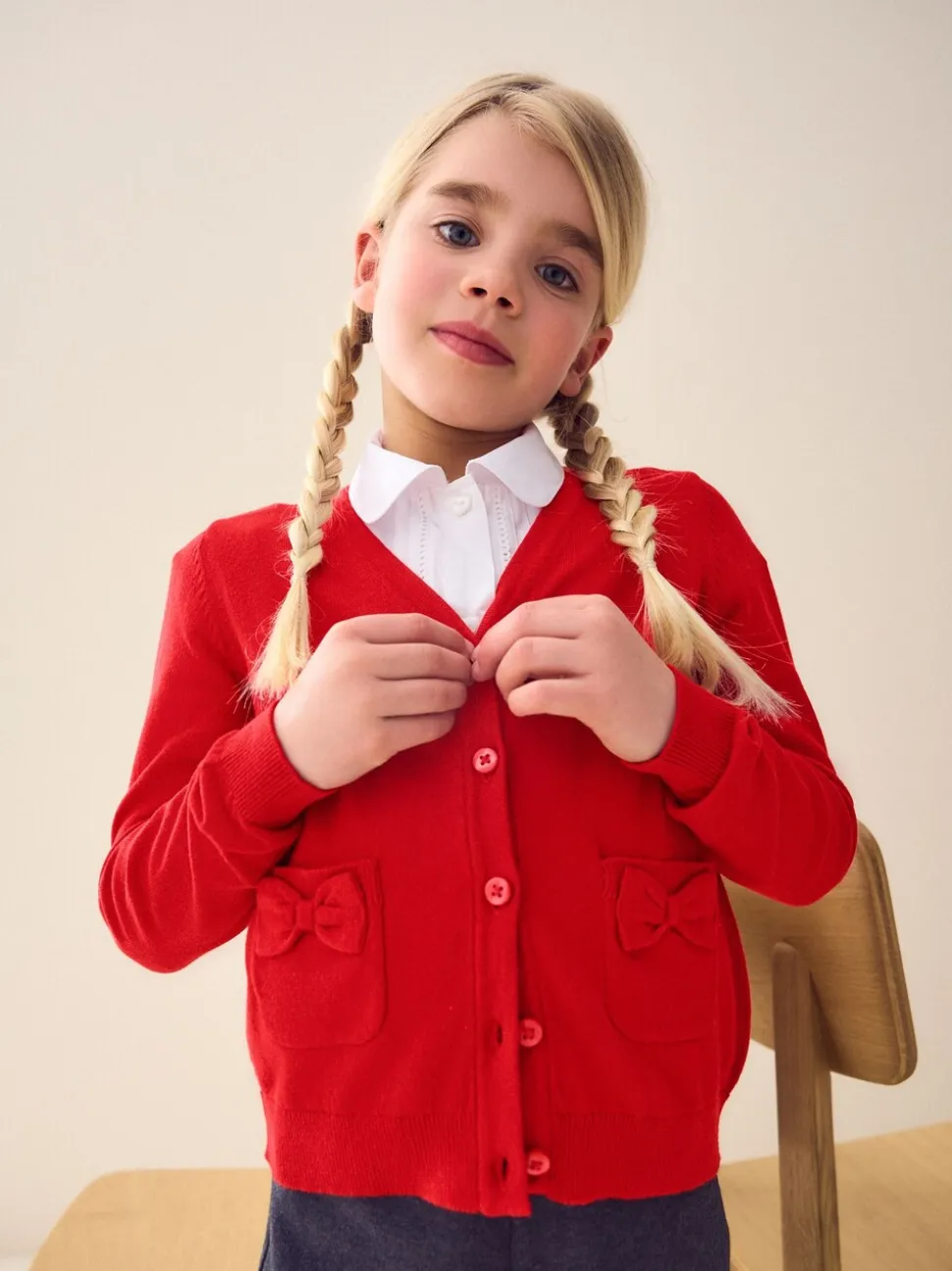 Rouge - Cotton Rich Nœud Pocket School Cardigan (3-16yrs)