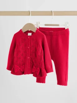 Rouge - Ensemble cardigan en maille à nœud à volants (0mois-3ans)
