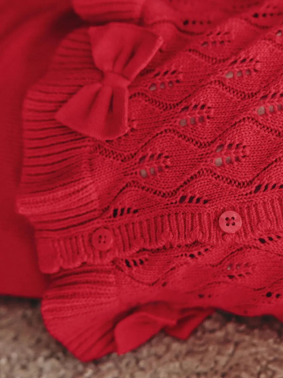 Rouge - Ensemble cardigan en maille à nœud à volants (0mois-3ans)