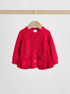 Rouge - Ensemble cardigan en maille à nœud à volants (0mois-3ans)