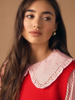 Rouge à fines rayures - Débardeur en maille à col volanté