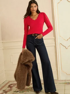 Rouge - Haut Love & Roses en jersey à manches longues et col en V festonné