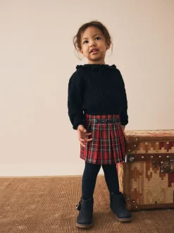 Rouge - Jupe à nœud en tartan avec collants bleu marine (3mois7ans)