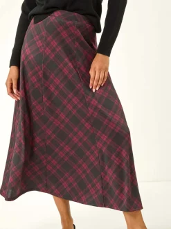 Rouge - Jupe mi-longue Roman à carreaux à empiècements