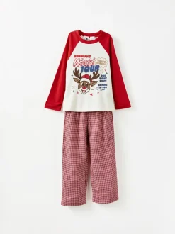 Rouge - Pyjama de Noël en coton à manches longues à manches longues pour enfant assorti